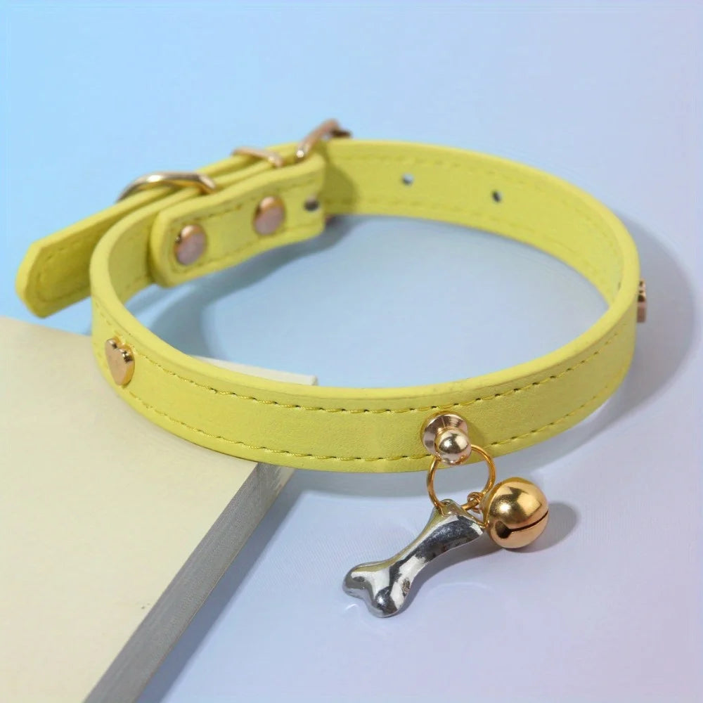 Leather Cat Collar With Bell Bone decoration