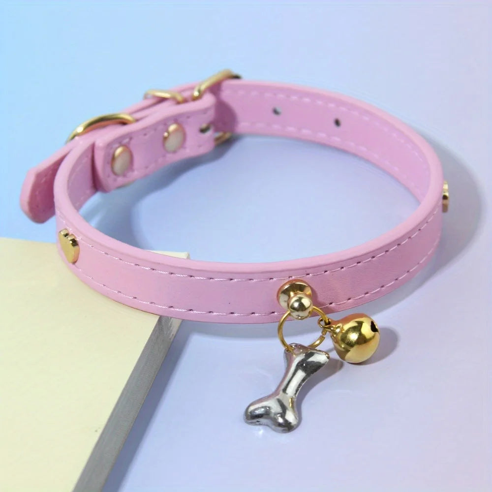 Leather Cat Collar With Bell Bone decoration