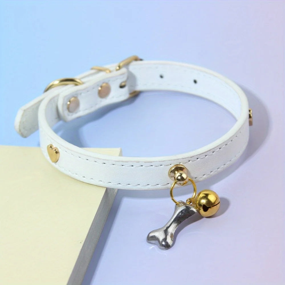 Leather Cat Collar With Bell Bone decoration