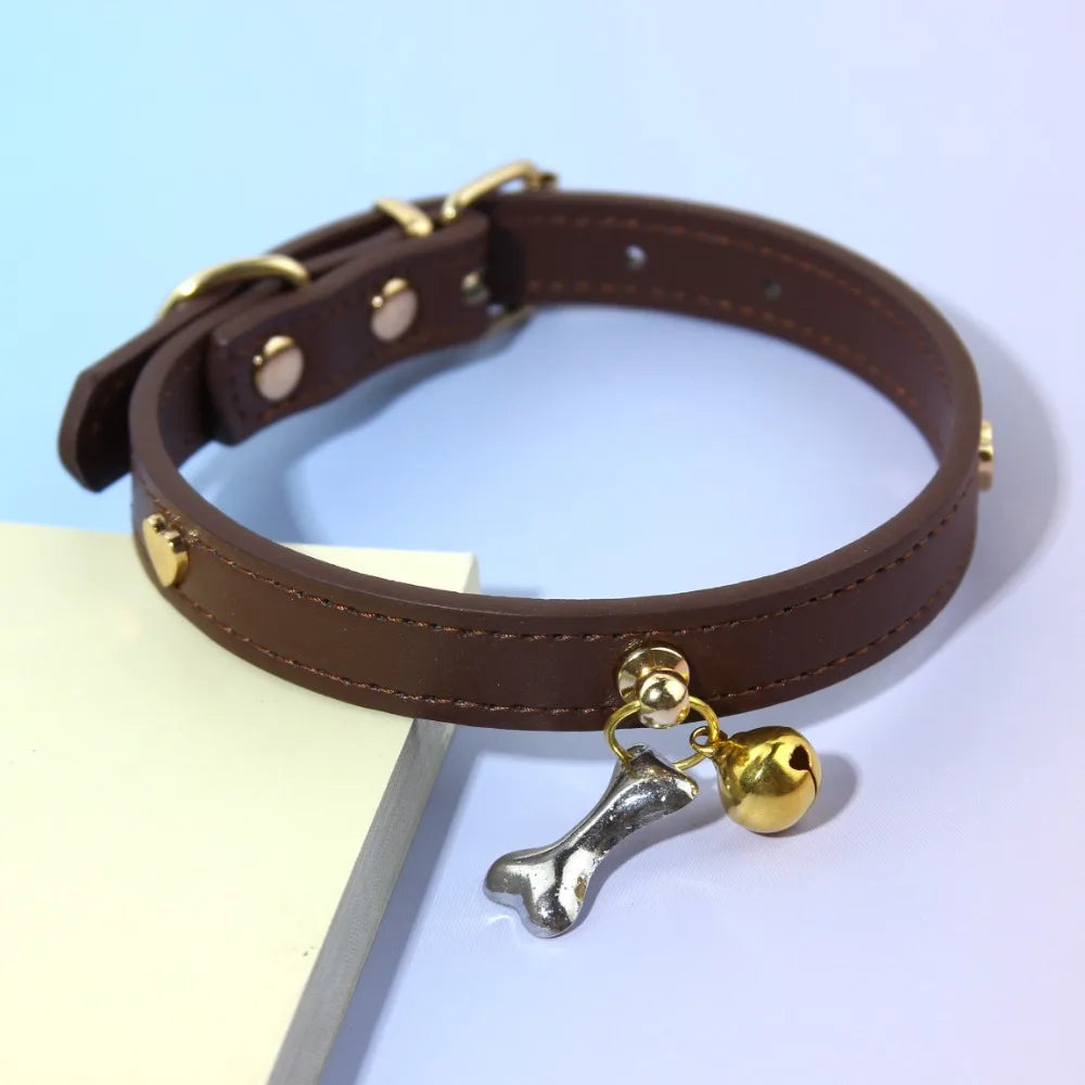 Leather Cat Collar With Bell Bone decoration