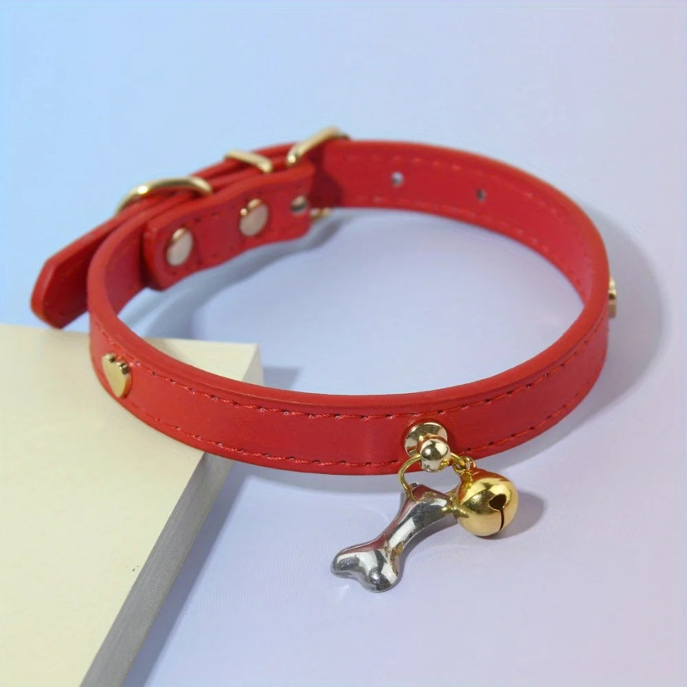Leather Cat Collar With Bell Bone decoration