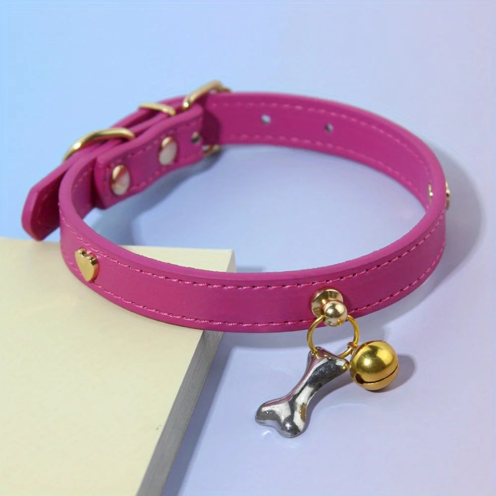 Leather Cat Collar With Bell Bone decoration
